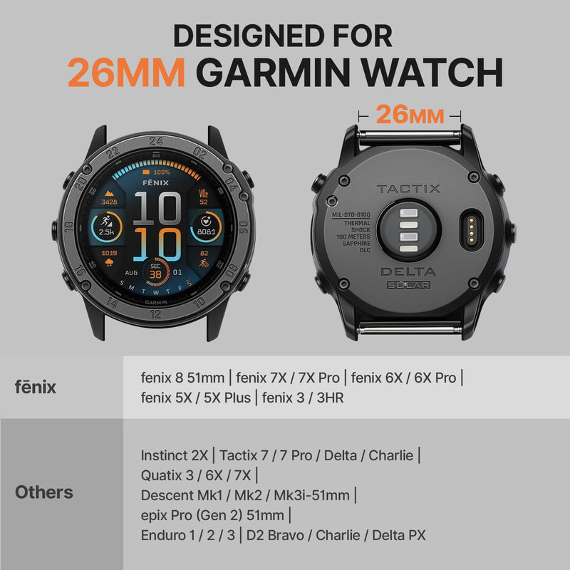 Bandletic Rugged Nylon Soft Compatible with Garmin 22MM 26MM Watch Band | Soft Tactical Replacement Straps for Instinct/Fenix/Tactix Delta/Descent/Epix/Epix Pro/Enduro/Quatix/Approach/Forerunner/MARQ Darkgray 26mm (5.9"-7.9")