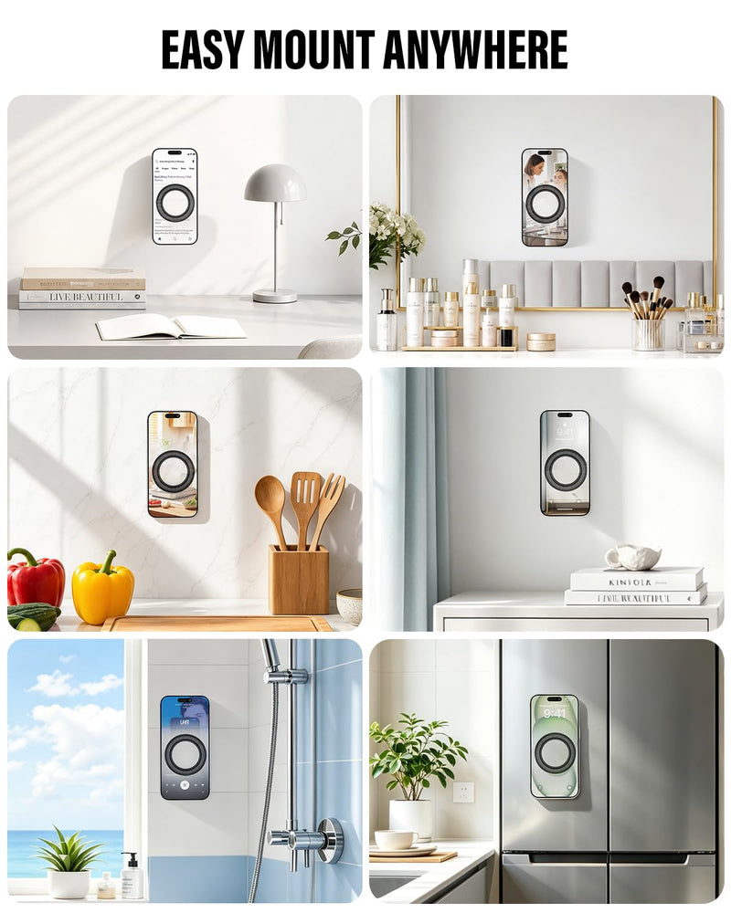 A2C Magnetic Wall Mount with 3M VHB, for Kitchen, Shower, Mirror, Office | 10mm Thick, 17 N52 Magnets, Strong Hold, Waterproof, Low Profile, Fits iPhone 12-17 & All Android (ring)