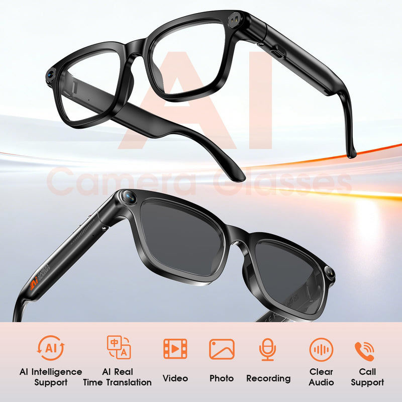 AI Smart Glasses with Camera, Interchangeable Lenses & Bluetooth Audio | 8MP Camera, 3-Lens System, AI Translation, Open-Ear Audio, Outdoor Smart Eyewear for Cycling, Travel & Sports Black-M08