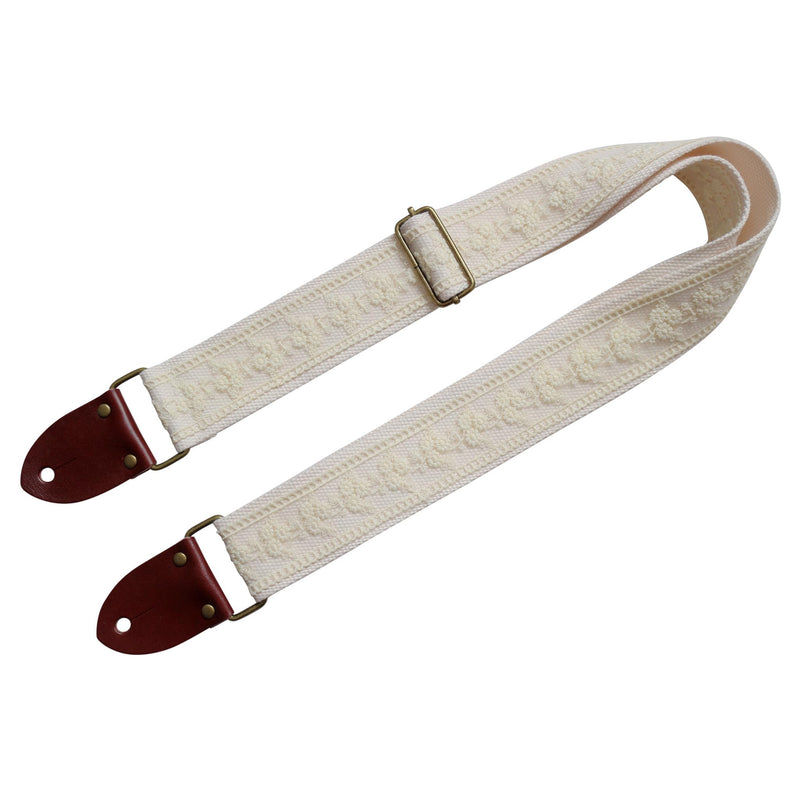 MUSIC FIRST Original Design, 2 inch width (5cm), Cream Lace Electric Guitar Strap Bass Strap With Genuine Leather Strap End (The Leather Made In Italy) (Cream Lace)