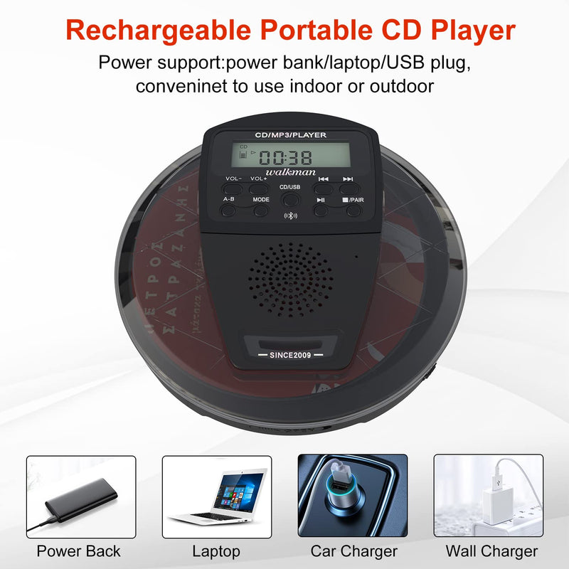 Rechargeable CD Player Portable with Bluetooth,Compact Anti-Skip Shockproof Walkman CD Player with Earphone, Stereo Speakers&LCD Display for Car/Home/Travel (AUX Output)