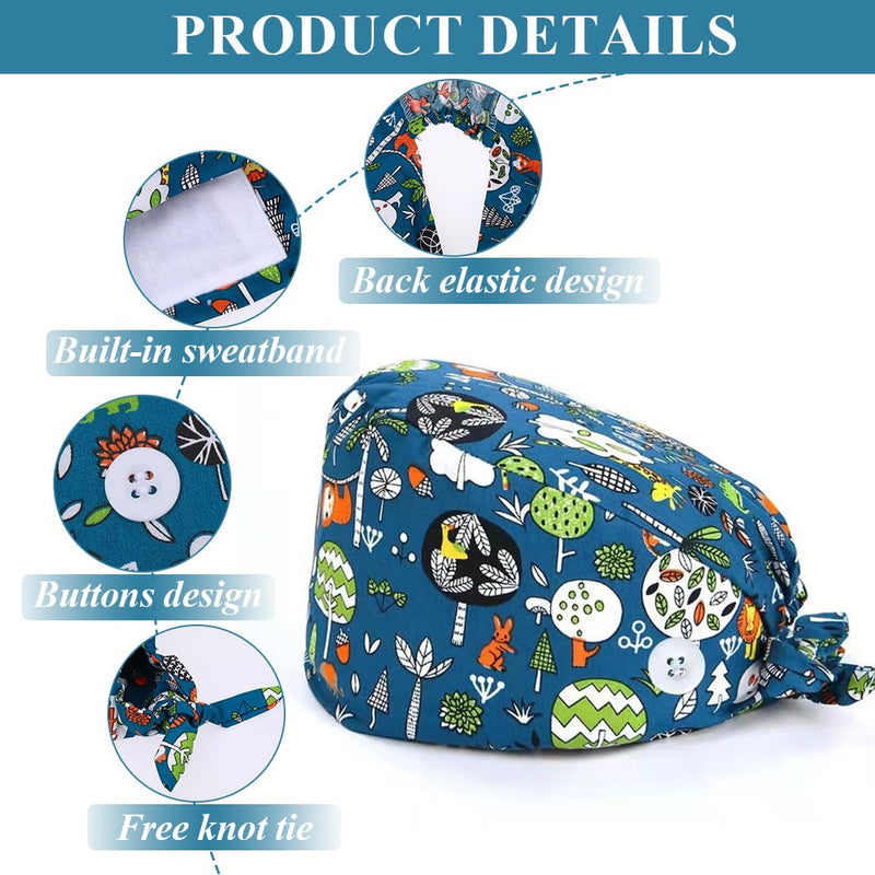 AFCJLTO 1 x Cotton Print Surgical Cap, Adjustable with Button, for Medical Professionals, Universal for Women and Men, Ideal for Personal Care Needs and Protection from Dust