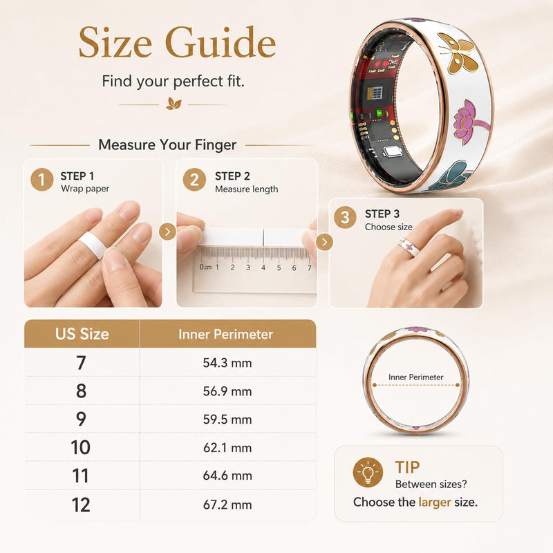 Smart Ring for Women, Fitness Tracker with Heart Rate and Sleep Monitoring | Floral enamel jewelry design with elegant gold-tone accents, step and calorie tracking, lightweight everyday wear Lotus #8(0.68 in)