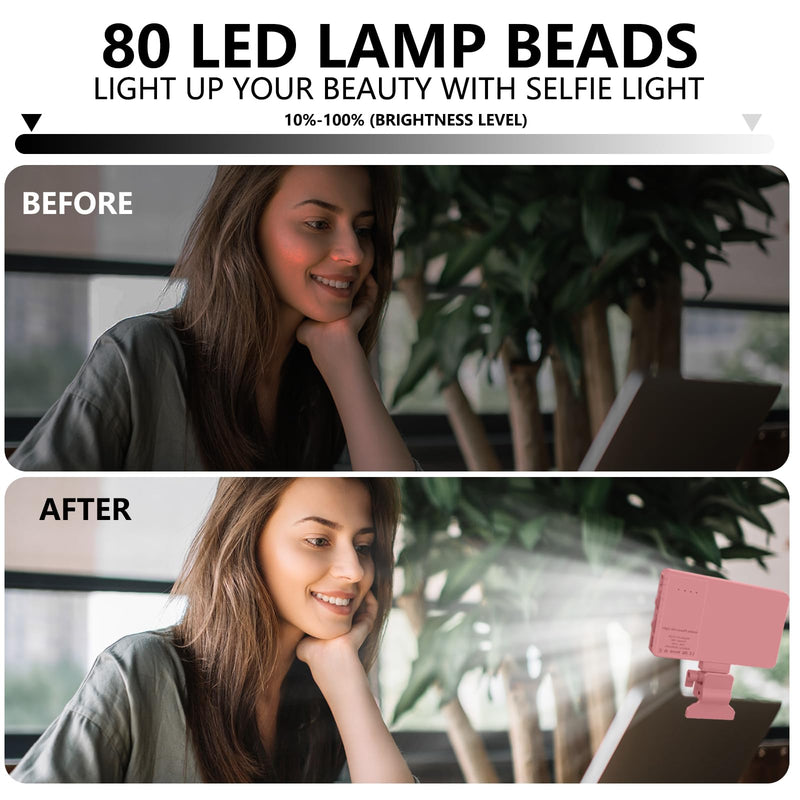 Pink Selfie Light with Phone Light Clip,80led Portable Selfie Light with 3 Light Modes and Infinite Adjustment Modes, 2000mah Rechargeable Selfie Light for Phone, Laptop, Makeup, Live Stream