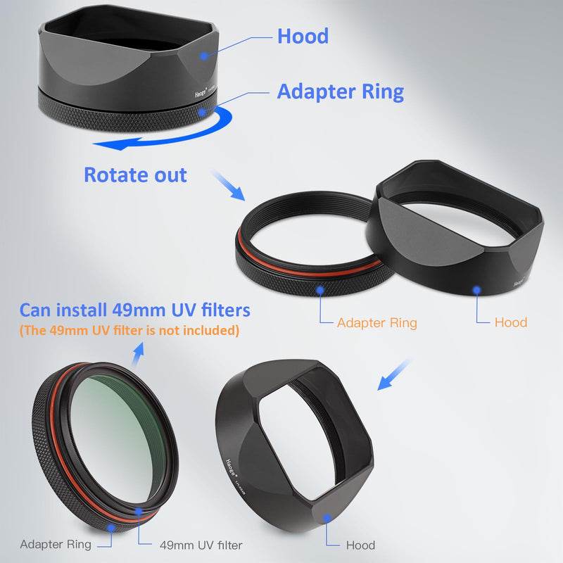 [AUSTRALIA] - Haoge LH-X54B Square Metal Lens Hood with 49mm Adapter Ring for Fujifilm X100VI Fuji X100V Camera Black 