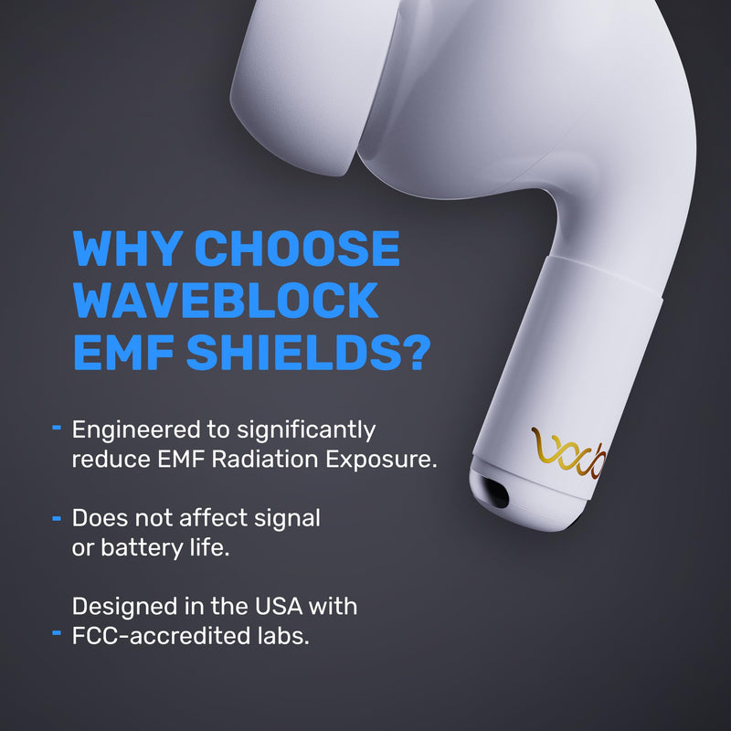 EMF Shield Sticker for AirPods 2nd/3rd/4th Gen, 2-Pack | FCC Lab-Tested, USA Patented, Short Stem Airpods, 5G Wireless Devices, WAVEBLOCK SHORT STEM AIRPODS - WHITE 2 Pair