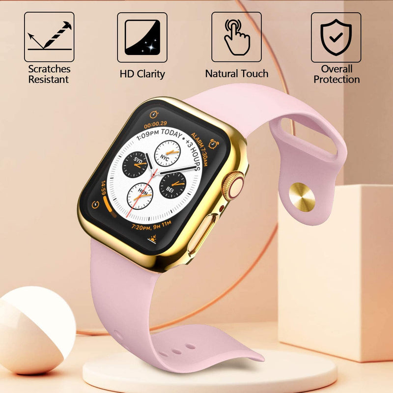 HANKN 2 Pack 45mm Tempered Glass Case Compatible with Apple Watch Series 9 8 7 45mm Tempered Glass Screen Protector Case, Plated Hard PC Cover Shockproof Iwatch Bumper (45mm, Gold+Gold)