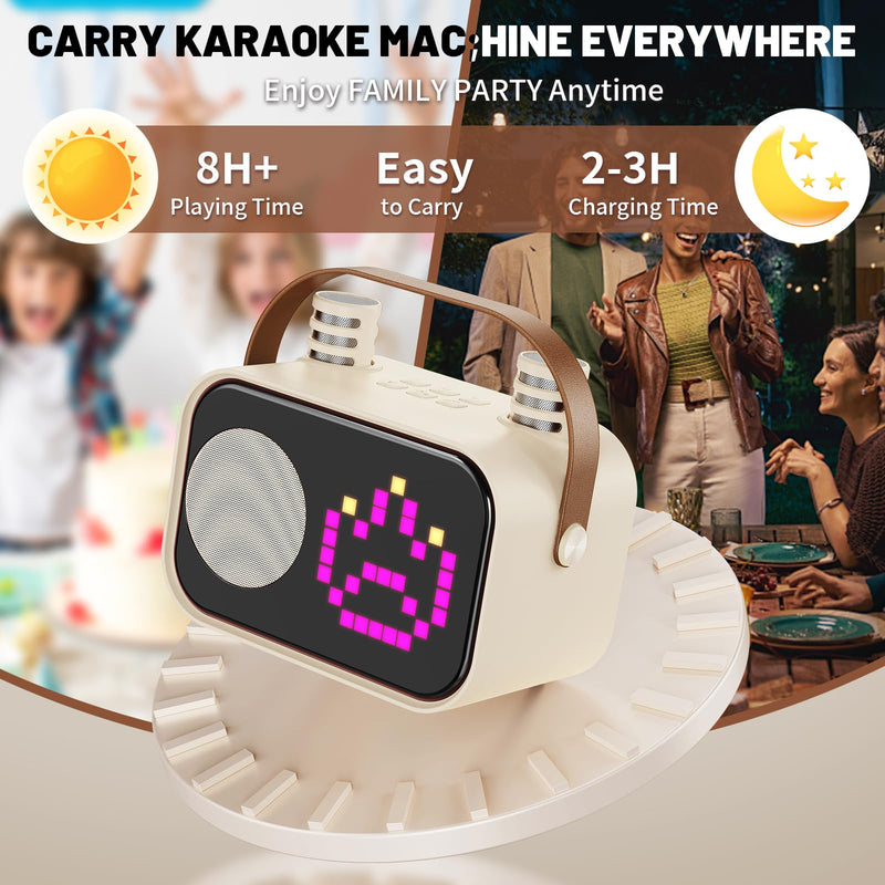 Karaoke Machine for Kids Adults, Portable Bluetooth Karaoke Speaker with 2 Wireless Microphones, Pixel Display Light, Birthday Gifts Toys for Girls & Boys Ages 3, 4, 5, 6, 7, 8, 9,10,11,12+ Years 2 Mics Beige