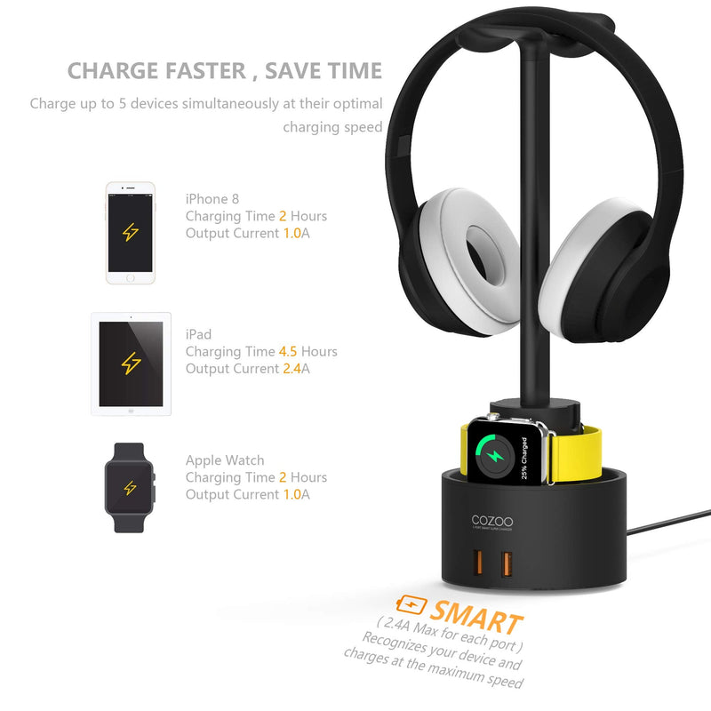 Headphone Stand with 5 USB Charger COZOO Desktop Gaming Headset Holder Hanger with 5 USB Charging Station,Watch Stand and Watch Wireless Charging,Accessories for Gaming,DJ,Wireless Earphone Display