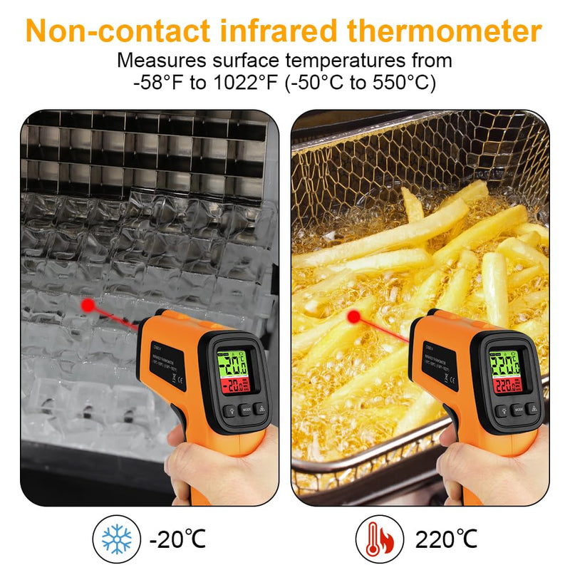 HOTUT Infrared Thermometer, Digital Laser Temperature Gun -58°F~1022°F (-50°C ~ 550°C), Non-Contact Laser Temperature Meter with Meat Thermometer, for Cooking/Barbecue/Industry, Not for Humans infrared thermometer + meat thermometer
