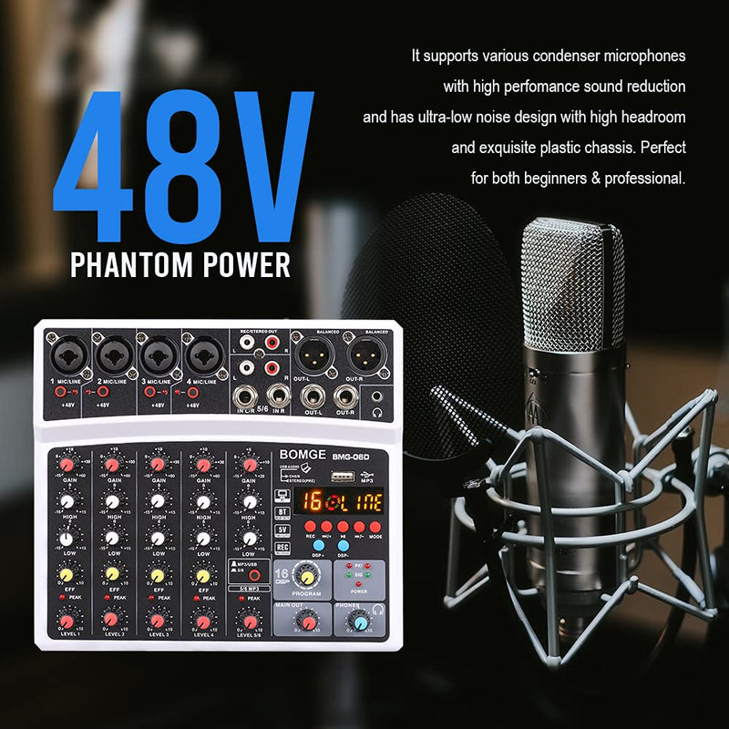 [AUSTRALIA] - BOMGE 6 Channel Audio Sound Mixer - Professional Digital DJ Mixing Console for Live Streaming, Karaoke and Stereo Recording - With PC Computer Record Playback/Bluetooth/MP3/USB/48V /16 DSP Echo Black 