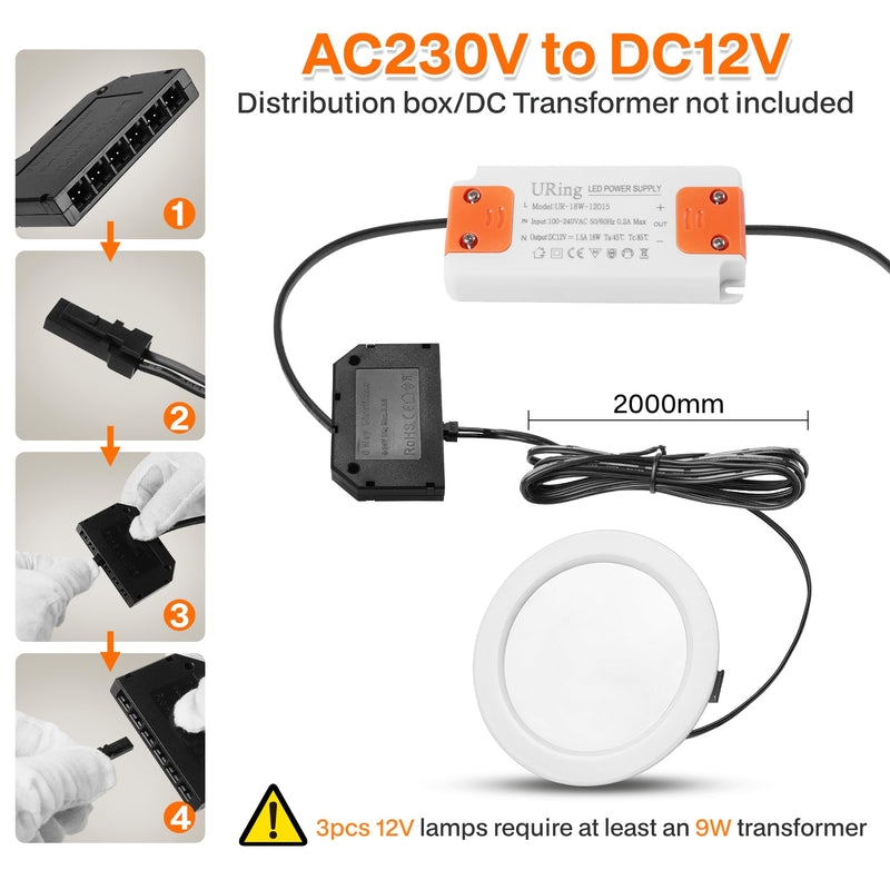 URing Set of 3 LED Recessed Spotlights, 12 V, Dimmable, 3 W Ceiling Spotlights, 55-58 mm Spotlights, 12 V, 3000 K, Warm White, 4000 K, Neutral White, 6000 K, Cool White, Recessed Spotlights, LED 15 mm