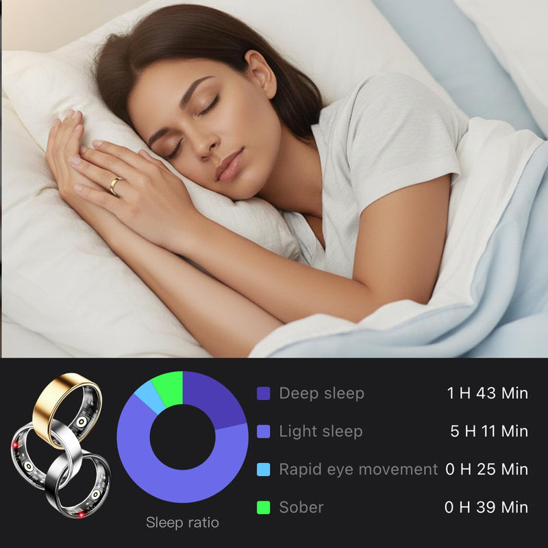 Smart Ring Health Tracker for Men & Women, Heart Rate, HRV, Sleep Monitoring, 10ATM Waterproof, No Subscription Fee, Works with iPhone & Android (Gold, 7)