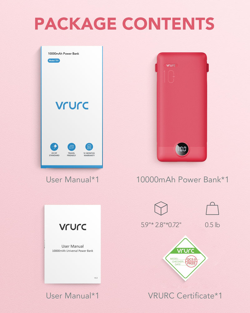 VRURC Portable Charger Built-in Cables and AC Wall Plug, USB C Power Bank 10000mAh, [2023 Upgraded Version] Phone Charger Compact Lightweight External Battery Pack for Smart Phones, Tablets etc-Red Red