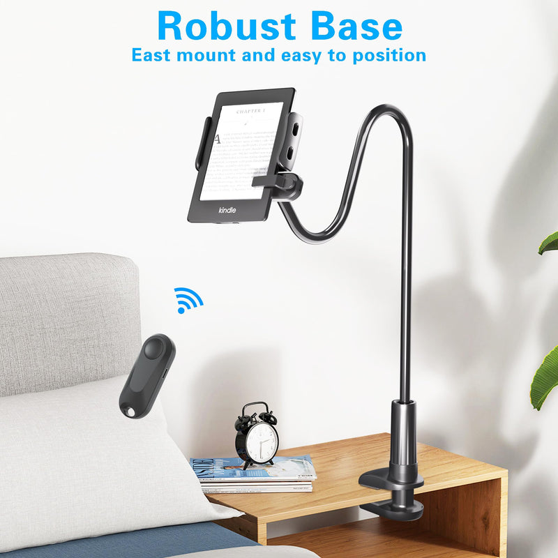 Gooseneck Tablet Holder for Kindle Reading in Bed with Page Turner Remote, Hands Free Desk Bedside Lazy Arm Stand for Kindle Accessories, Gifts for Readers Glossy Black