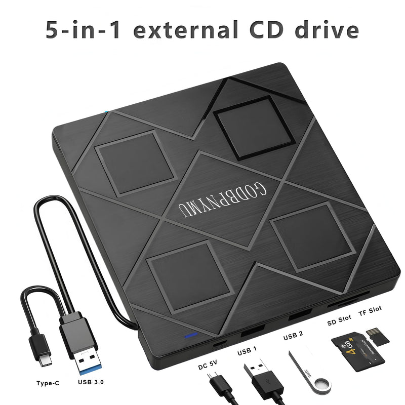 5-in-1 Extemal CD/DVD Drive for Laptop,USB 3.0 & Type-C Portable CD/DvD Rw Burner with SD/TF Card Reader &DVD-ROM Rewritable Player，Compatible with Laptop Pc Desktop, Windows11/10/8/7 Linux Mac os 5in1