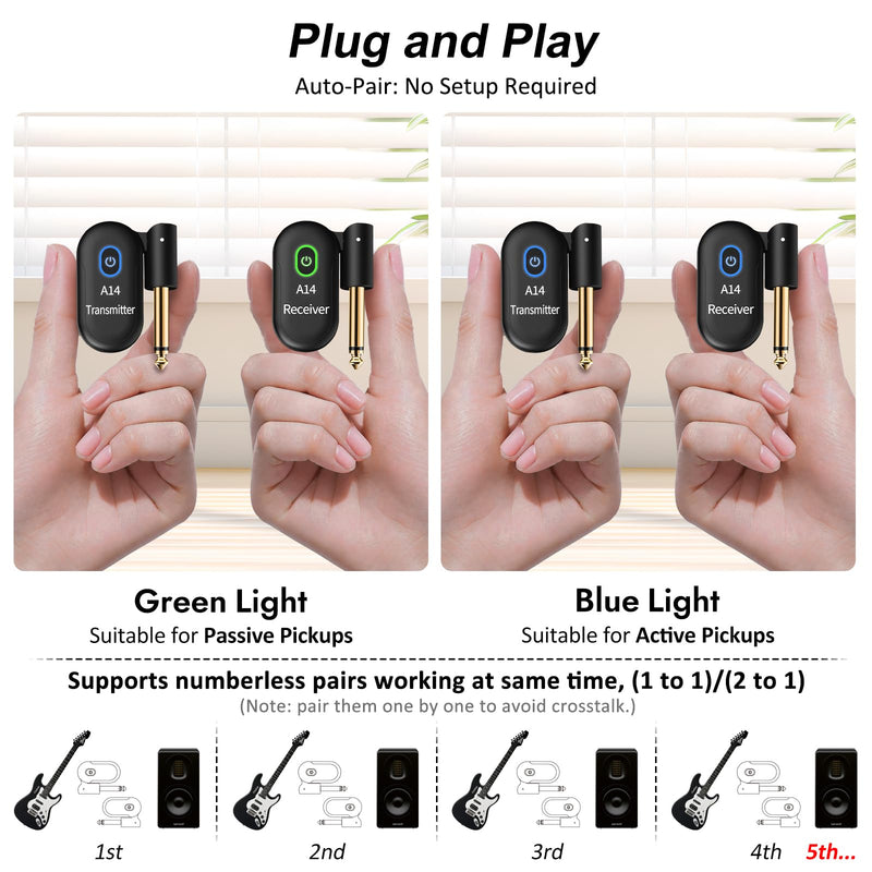 A14 Wireless Guitar System 2.4GHz 2 Modes, Thumb-Size, 90° Rotatable, Wireless Guitar Transmitter Receiver 100ft Range, Plug & Play for Guitar, Bass, Violin, Keyboard - Black (2TX + 1RX) 2TX + 1RX