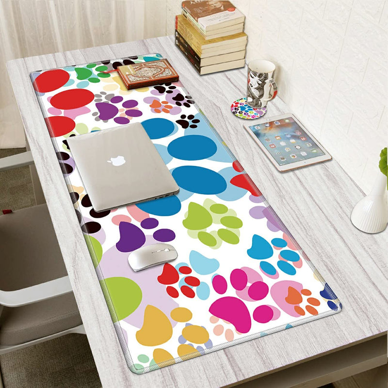 Desk Pad, Dog Pawprint Multicolor Laptop Desk Mat,Long Large Gaming Mouse Pad with Stitched Edges Non-Slip Writing Mat Desk Blotter Protector for Office Home (with Coaster & Elephant Sticker)