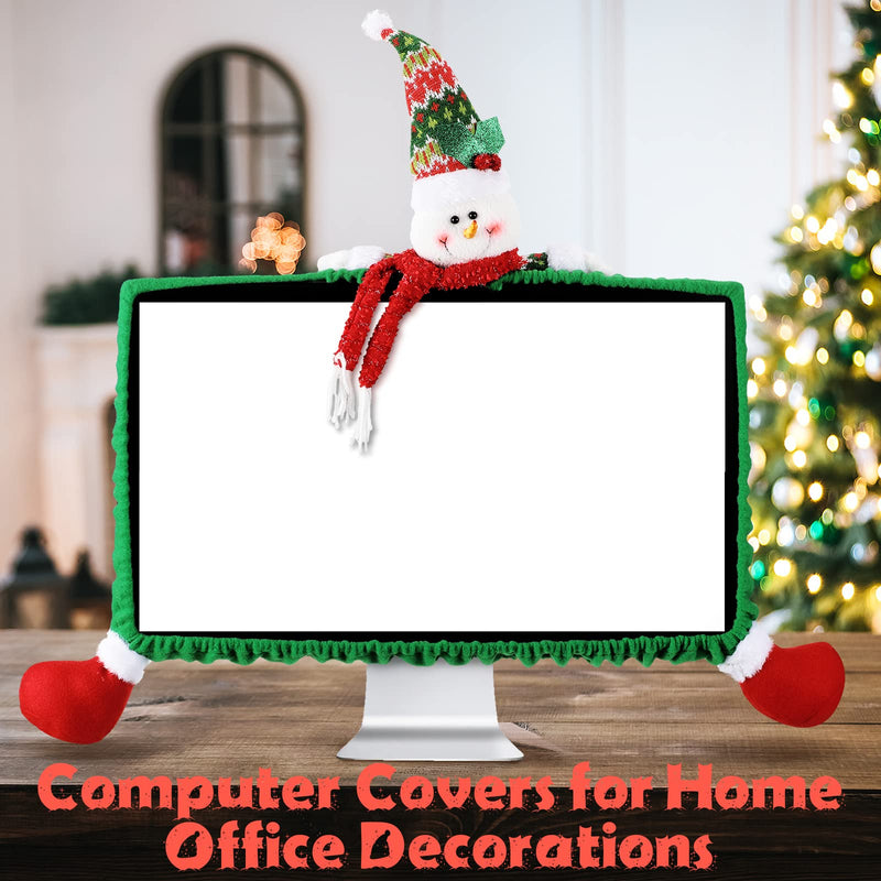 Funtery 2 Pcs Christmas Computer Monitor Cover, Christmas Office Decoration | Fits Computer Laptop Screens, Office Snowman Santa Home Festive Decor, Elastic Stretch Design