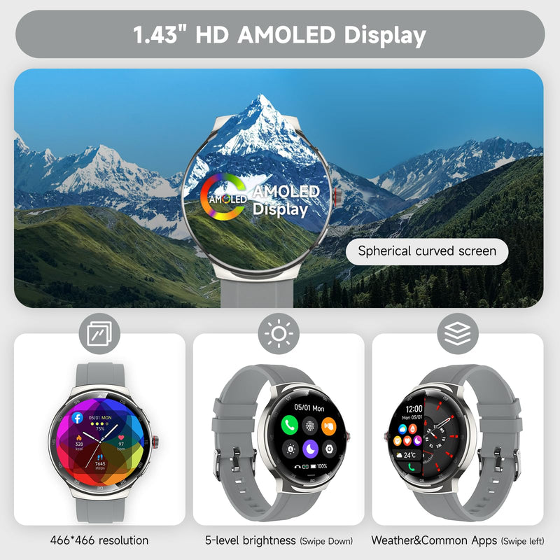 Smart Watches for Men Women, Waterproof Fitness Tracker, 1.43'' AMOLED Touchscreen Smartwatch for Android & iPhone, 150+ Sports Modes, Heart Rate/SpO2/Stress/Sleep Monitor, 2 Bands, Silver