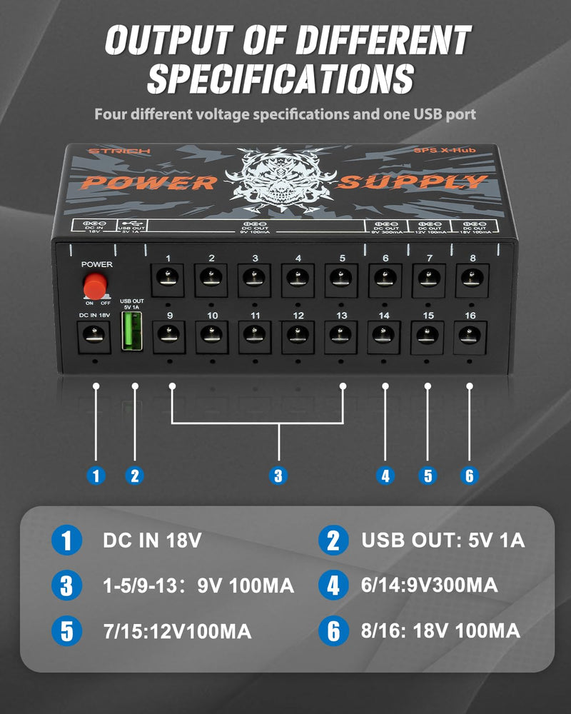 [AUSTRALIA] - STRICH SPS X-Hub Guitar Pedal Power Supply for 9V/12V/18V, 100mA - 300mA Effects Pedals, 16 Independent Outputs, Short-circuit protection and noiseless, 5V 1A USB Port Supports Mobile Devices, Tablets 
