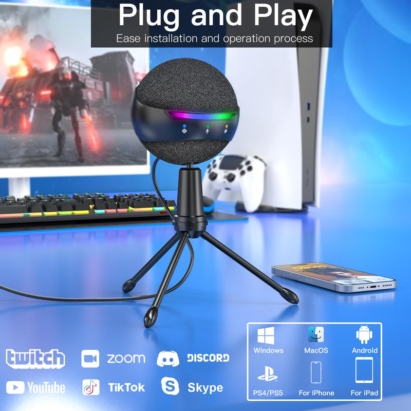 [AUSTRALIA] - ZealSound RGB USB Microphone for iPhone/PC,Mic for Phone,ASMR,Gaming,Noise Cancel Microphones with Touch Mute/Echo/Volume Gain,Real Time Monitor,Podcast,Zoom YouTube Discord Twitch Video 