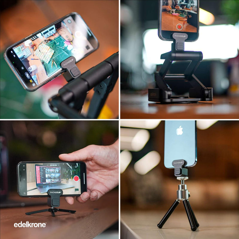 edelkrone PhoneCLIP PRO: Metal Phone Holder for Tripod, CNC Aluminum - Cell Phone Tripod Mount, Tripod Adapter for iPhone Smartphone, Anti-Slip Grip, Adjustable Clamp, Horizontal Vertical Orientation