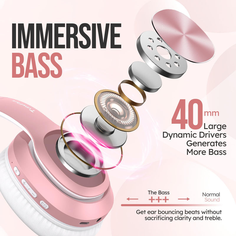 Wireless Bluetooth Headphones Over Ear, 80H Playtime, 3EQ Sound Modes, HiFi Stereo Headphones with Deep Bass, Foldable Bluetooth 5.3 Headphones for Smartphone/PC/Computer-Rose Gold Rose Gold
