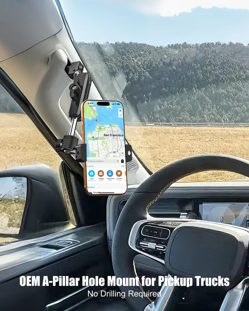 Charchendo Heavy-Duty Metal A-Pillar Grab Handle Phone Mount for Trucks | Secure Bolt-On Installation, Fits All Phones & Thick Cases up to 0.7", 360° Metal Swivel Arm, 2 Hex Keys Included