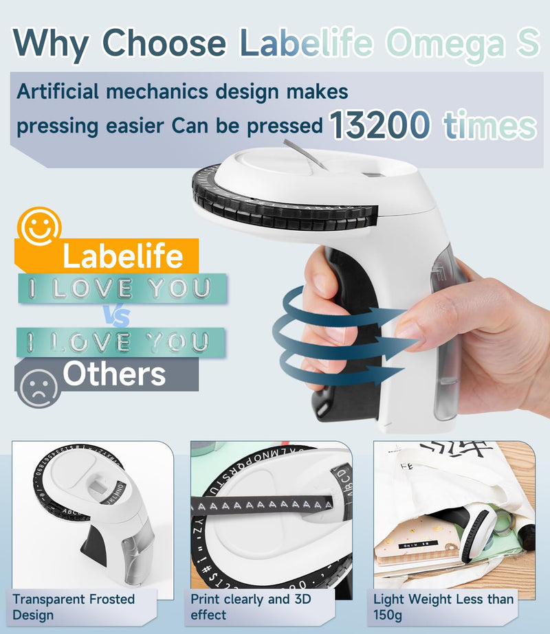 [AUSTRALIA] - Labelife Embossing Label Maker Machine with Tapes, Omega S Vintage 3D Embosser, Old School Handheld Label Printer, Portable Retro Manual Embossed Labeler for Home Office School DIY, Black Black with Black*5/Gold/Purple/Pink/Blue/Green 