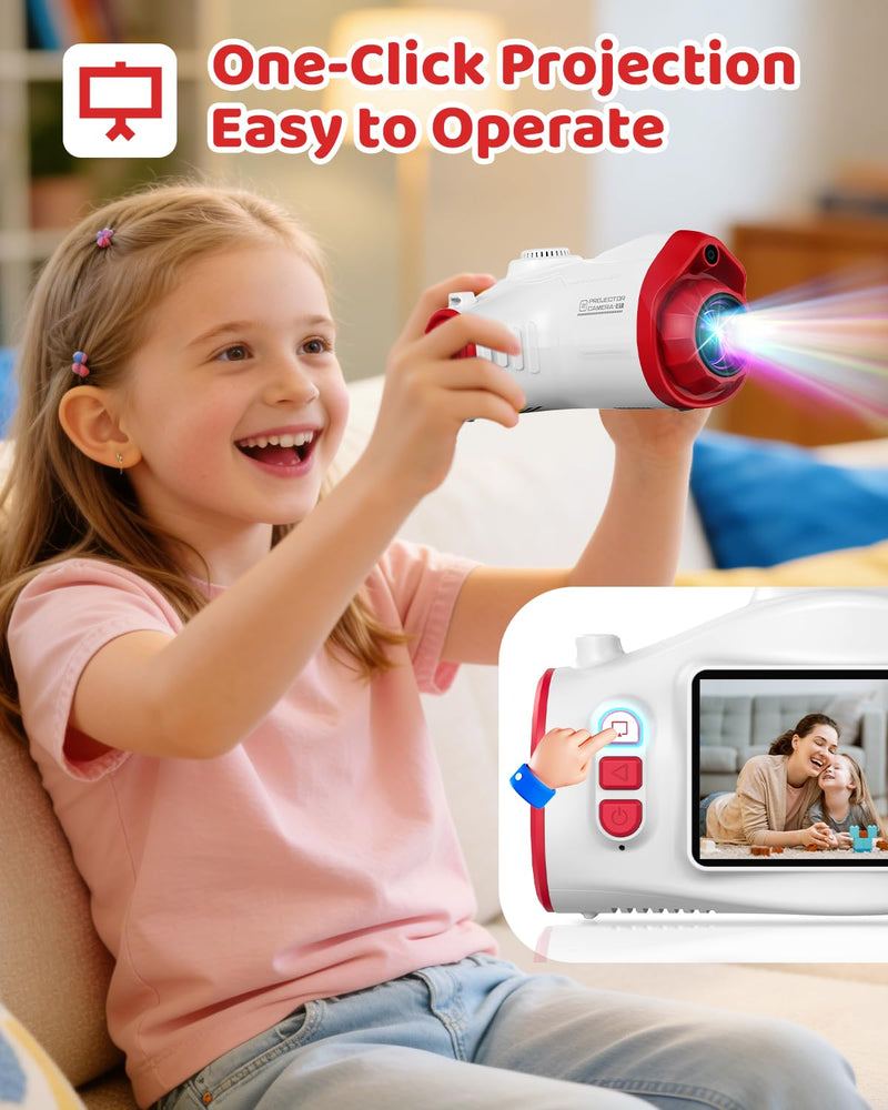 Kids Camera with Projector, 1080P Digital Video Camcorder, 48MP Photo Camera, Portable Toddler Camera Christmas Birthday Travel Gift Toy for Boys Girls Age 3 4 5 6 7 8 9 10 11 12, White