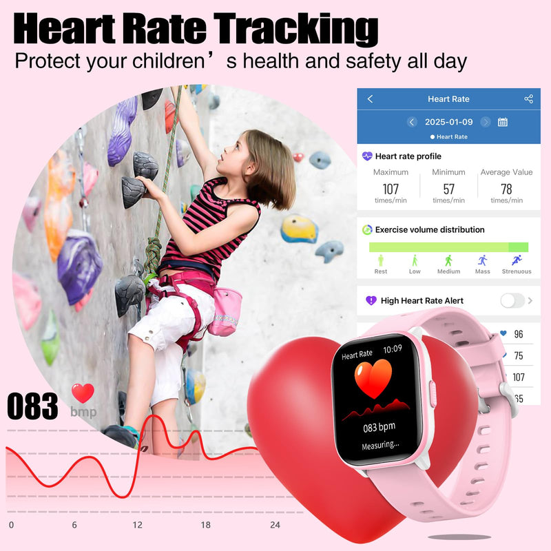 meoonley Kids Watch for Girls Boys with IP68 Waterproof, Girls Watch with 19 Sports Modes, Sleep Tracking, Pedometer, Stopwatch, Kids Activity Tracker, Birthday Gifts for Girls Age 6-15 Years Old Pink
