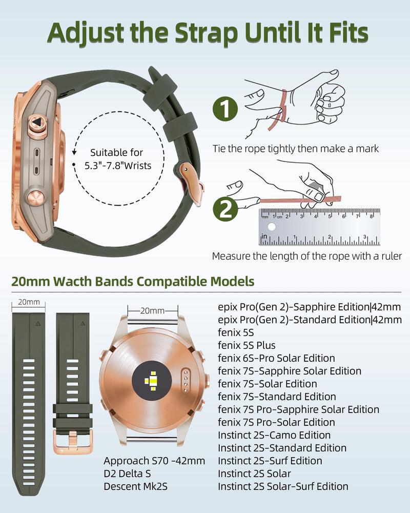 20mm Watch Band for Garmin fenix 5s 6s 7s, Quickfit 20 Bands Rose Gold Silicone BLACK and ARMY GREEN Bundle