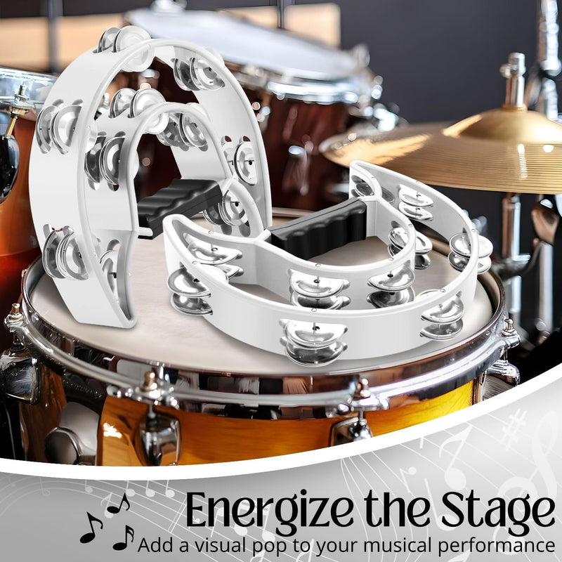 [AUSTRALIA] - Flexzion Tambourine Metal Half Moon Musical Instruments Double Row Metal Jingles Hand Held Instruments Percussion with Ergonomic Handle Grip, Tambourines for Adults, 2 Packs - White 
