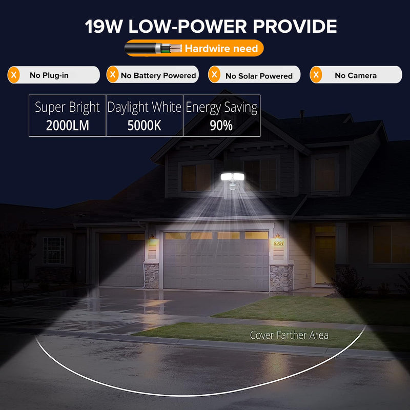 UME 19W LED Security Lights Motion Sensor Light Outdoor, 2000LM Motion Flood Light, 5000K, IP65 Waterproof, 2 Adjustable Head Motion Detector Security Light for Exterior,Outside,Garage,Yard(White) 1pack White