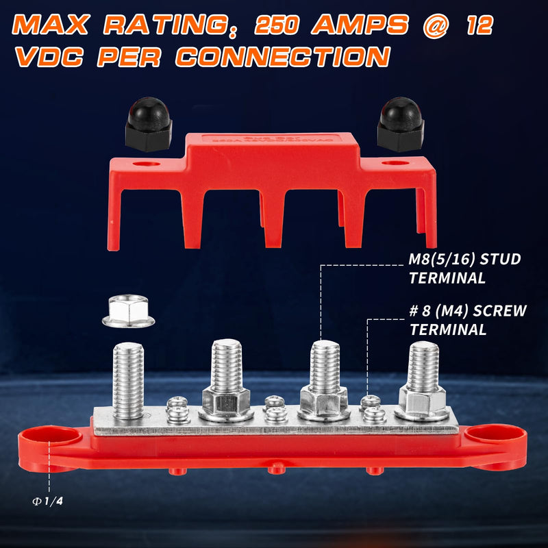 250 A 12 V Busbar 4 x M8 (5/16 Inch) Terminal Bolts DC Bus Bars Distribution Block with Cover, Negative & Positive High Performance Module BusBar Box for Car, Boat, Solar System (M8)