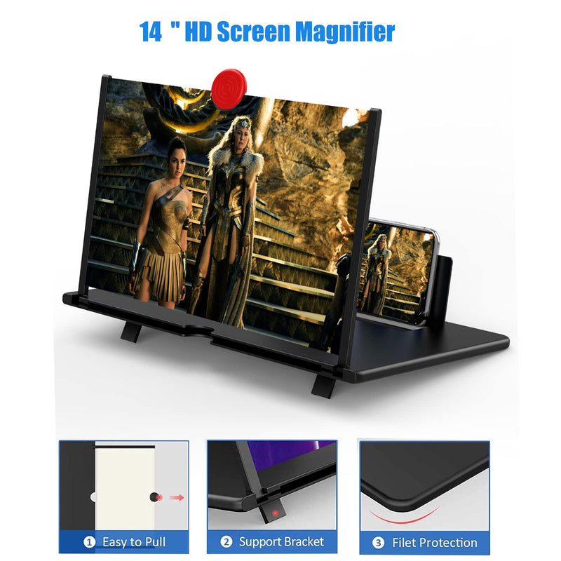 14" Screen Magnifier for Cell Phone - Mobile Phone 3D HD Magnifying Projector Screen Enlarger for Movies, Videos and Gaming – Foldable Phone Stand with Screen Amplifier–Compatible with All Phones Bkack-14inch
