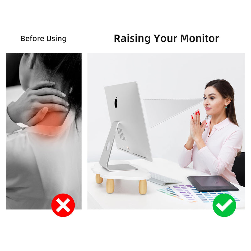 AFOOYO Monitor Stand Riser, Cloud-Shaped Sturdy Wood Computer Monitor Riser, Laptop Monitor Stand+Bear Charger Stand Silicone Dock Holder for Apple Watch Series