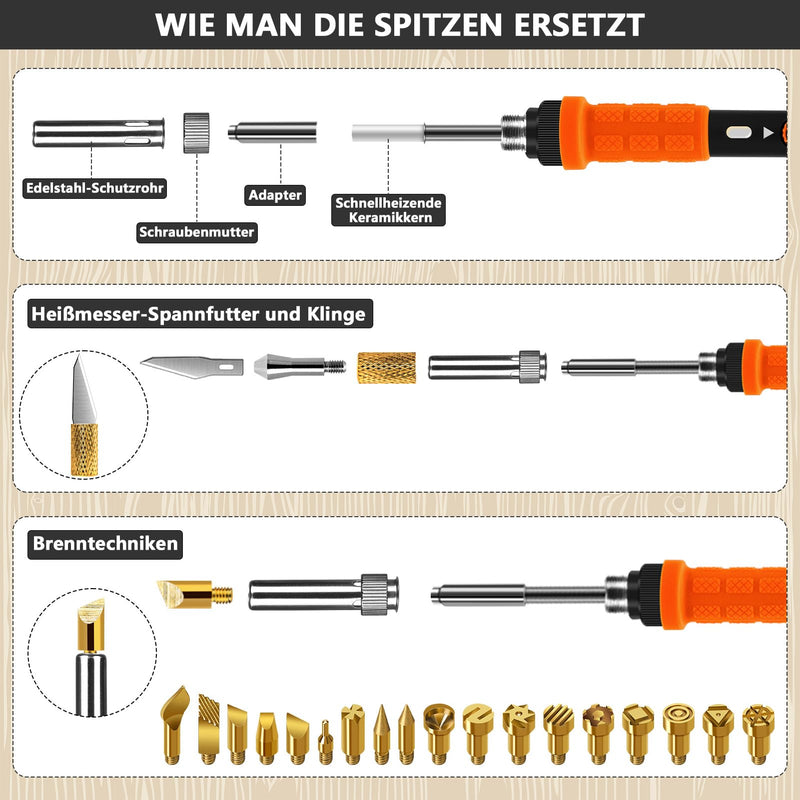 Pyrography Soldering Iron Set, 76-Piece Burning Tool with Adjustable Temperature from 200 to 450°C, Burning Iron Set with Pyrography Pen for Embossing, Carving, DIY Crafts 2-Orange Colour.