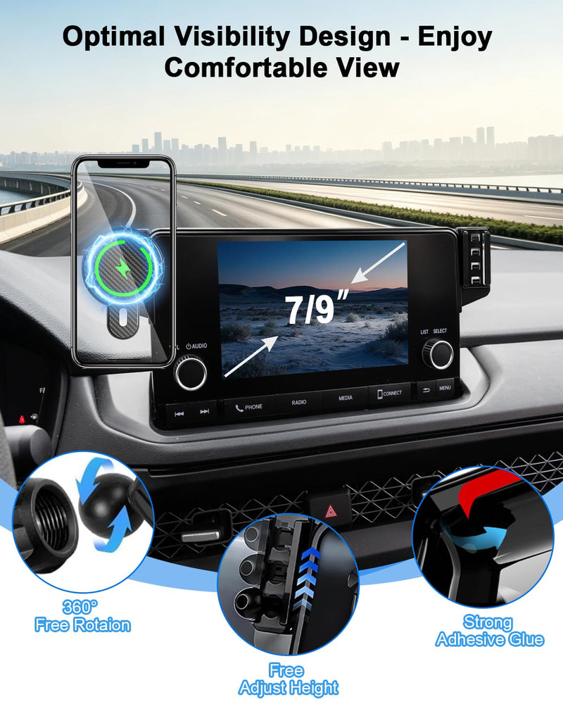 PZK Dual Car Phone Holder for Honda Accord 2023-2026 Accessories 7/9-Inch | For SE/EX/LE 15W Fast Wireless Charger with MagSafe Strong Magnetic 360° Rotation Phone Stand Hands-Free (Not Fit 12.3'') Honda Accord 2023-2026 (7/9-Inch)