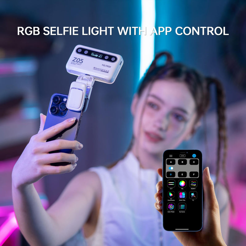 VILTROX RGB Video Light, Selfie Light, Portable LED Phone Light with Clip, Rechargeable on Camera Video Light with App Control, for Phone,Laptop,Camera,iPad, video recording for TikTok,YouTube,Vlog