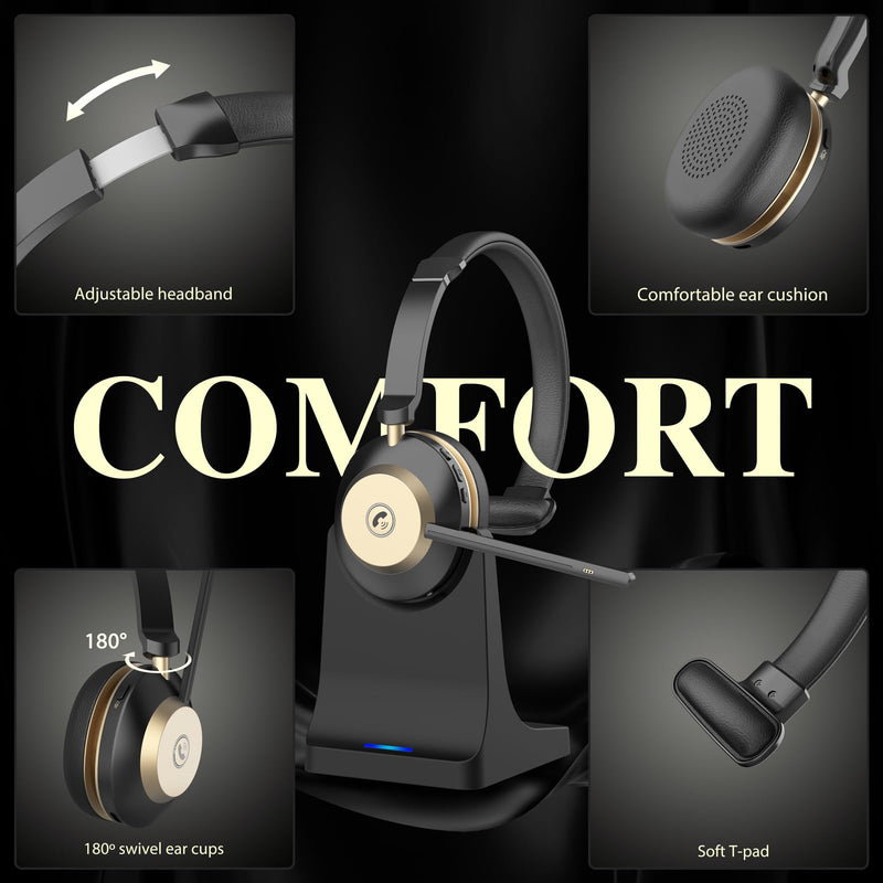 [AUSTRALIA] - Bluetooth Headset, V5.3 Wireless Headset with Mic for Work, 45Hrs Computer Headset with Microphone, Noise Cancelling Mic, Charging Base, USB Dongle & Mute Button for PC, Skype, Zoom 