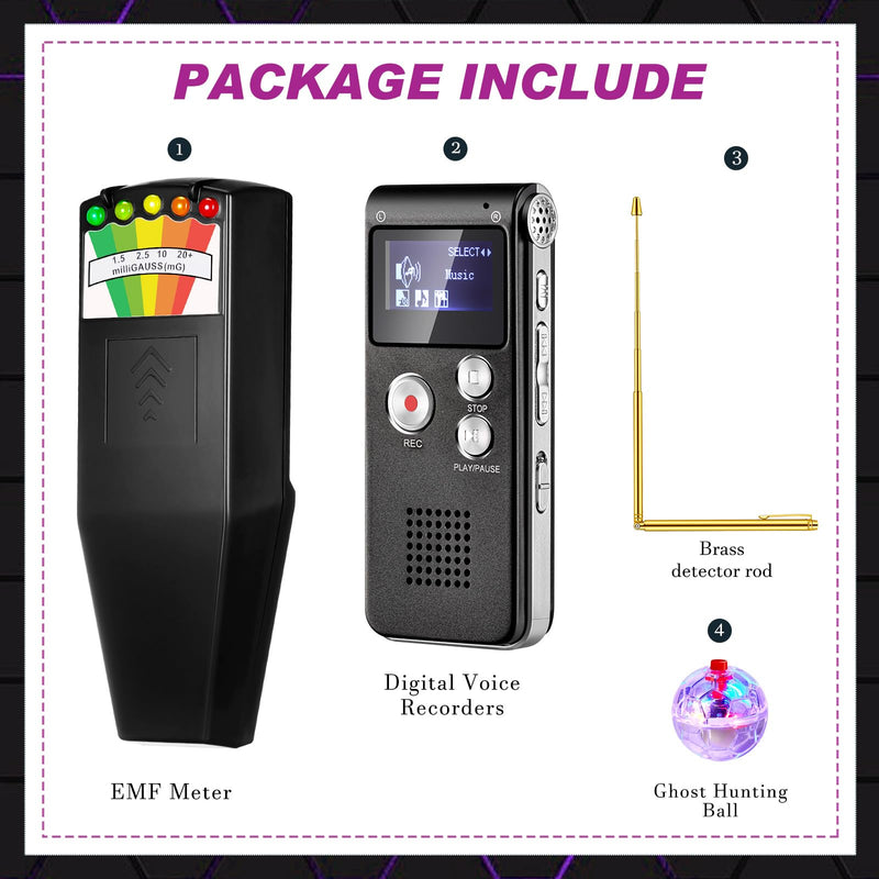 [AUSTRALIA] - Dunzy 8 Pcs Ghost Hunting Equipment Kit Paranormal Entertainment Equipment Tester Includes 1 Emf Reader Meter Digital 1 Voice Recorder 2 Pcs Copper Dowsing Rod 4 LED Motion Activated Cat Ball for Home 