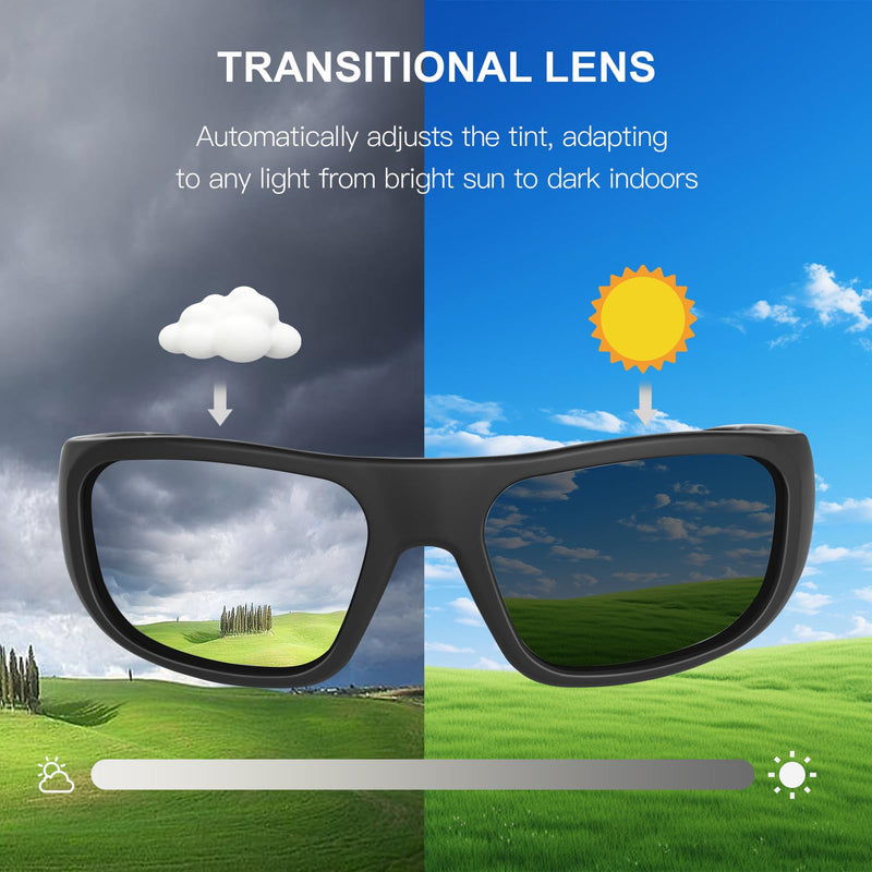 OhO sunshine Bluetooth Audio Sunglasses, Lightweight Open Ear Sport Glasses, 10H Playtime,Water Resistant with Voice Control Black Frame | Transition Lens