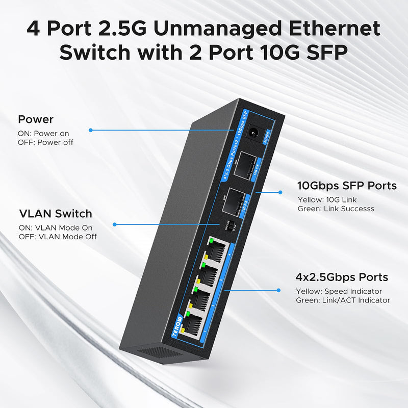 Network Ethernet Switch,2.5 Gigabit Portable, Plug&Play,Fanless Housing,Black, for Home/Office,4*2.5G with 2*10G SFP 6