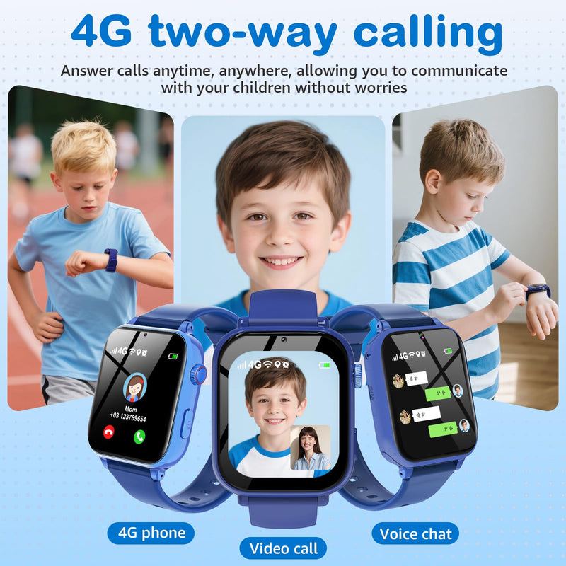 Kids Smart Watch for Boys Girls, 4G Smartwatch Phone for Children with GPS, Call, SOS, Video/Voice Chat, Parental App, Alarm, HD Touchscreen Watches for Kid Gifts Ages 4-12, Bright Blue