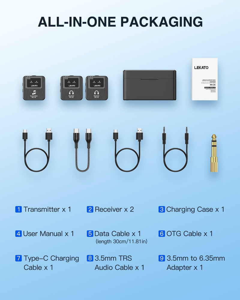 LEKATO Wireless in-Ear Monitor MS-20 Charging, 30H Battery Life with Box, 2.4G IEM System 1Transmitter 2 Receivers Auto-Pairing,OTG Support,One to More, in-Ear Monitoring for Studio,Live,Singer,Band Black