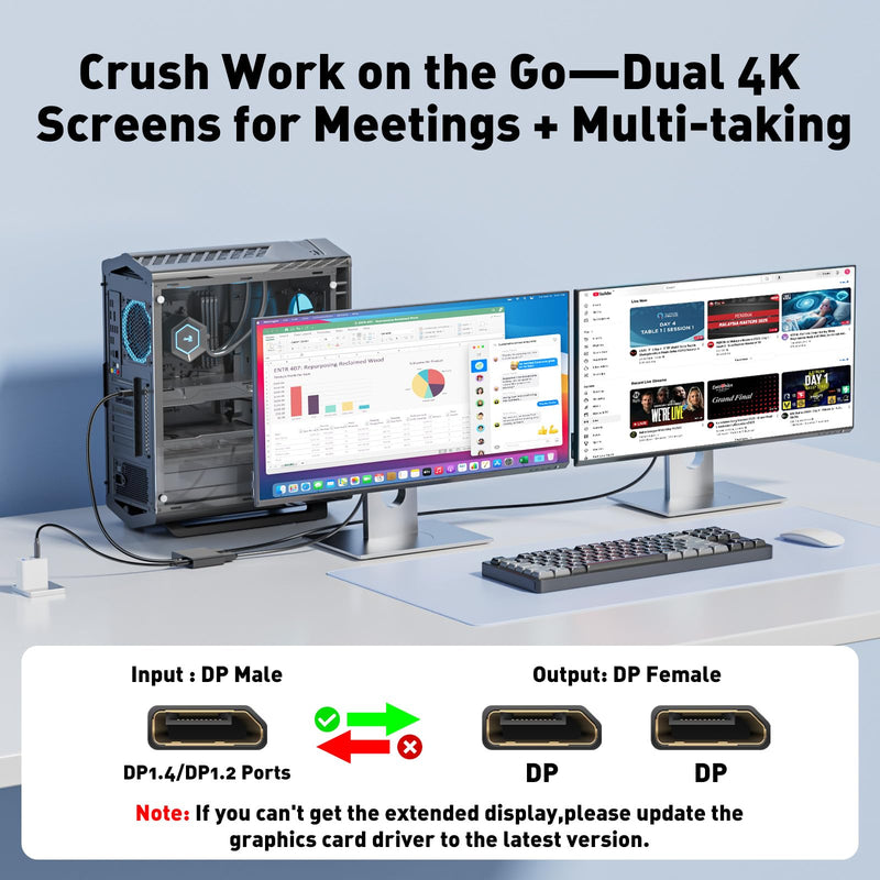 4K@60Hz DisplayPort to Dual DisplayPort Splitter for Dual Monitors Adapter | DisplayPort Mst Hub, DP 1.4 to Dual DP Adapter 1 in 2 Out Extended Display Port Splitter for PC, NVIDIA, AMD Graphics Card 4k DP to dual DP adapter