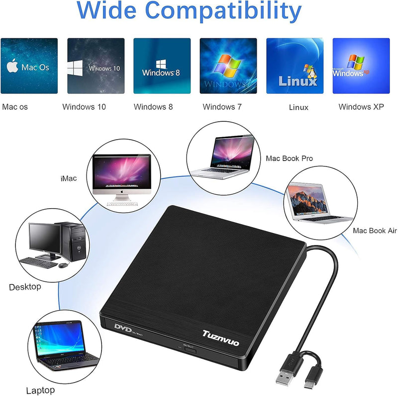 External CD/DVD Drive for Laptop, USB 3.0 & USB C CD Burner/Reader, Plug & Play Compatible with Windows 11/10/Mac OS/Linux, DVD Player for Laptop, PC MacBook Black-2