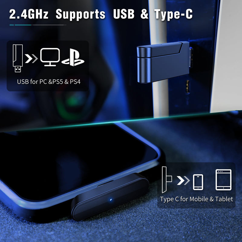 2.4GHz Wireless Gaming Headset with Microphone, 2.4G USB & Type C Transmitter - 30h Battery Life - RGB Lighting Gaming Headphones for PS5, PS4, PC, Phone Black